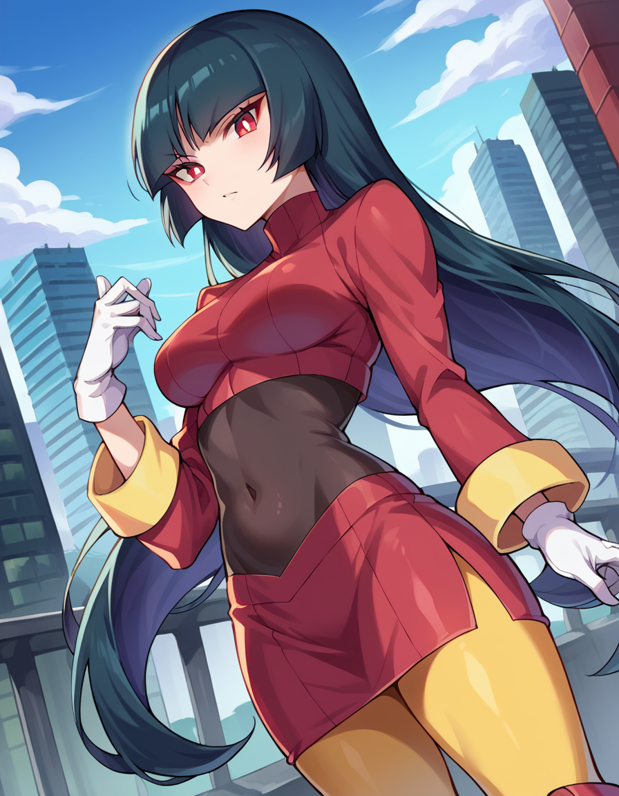 score_9, score_8_up, score_7_up, source_anime,
pokemonsabrina, <lora:pokemon-sabrina-ponyxl-lora-nochekaiser:1>
pokemonsabrina, black hair, long hair, bangs, blunt bangs, red eyes, hime cut, sidelocks, white pupils,
jacket, crop top, bodysuit, covered navel, midriff, red jacket, turtleneck, side slit, gloves, white gloves, long sleeves, pantyhose, skirt, red skirt, boots, red boots, socks, yellow socks, knee socks,
outdoors, cityscape,
looking at viewer, cowboy shot, dutch angle,
