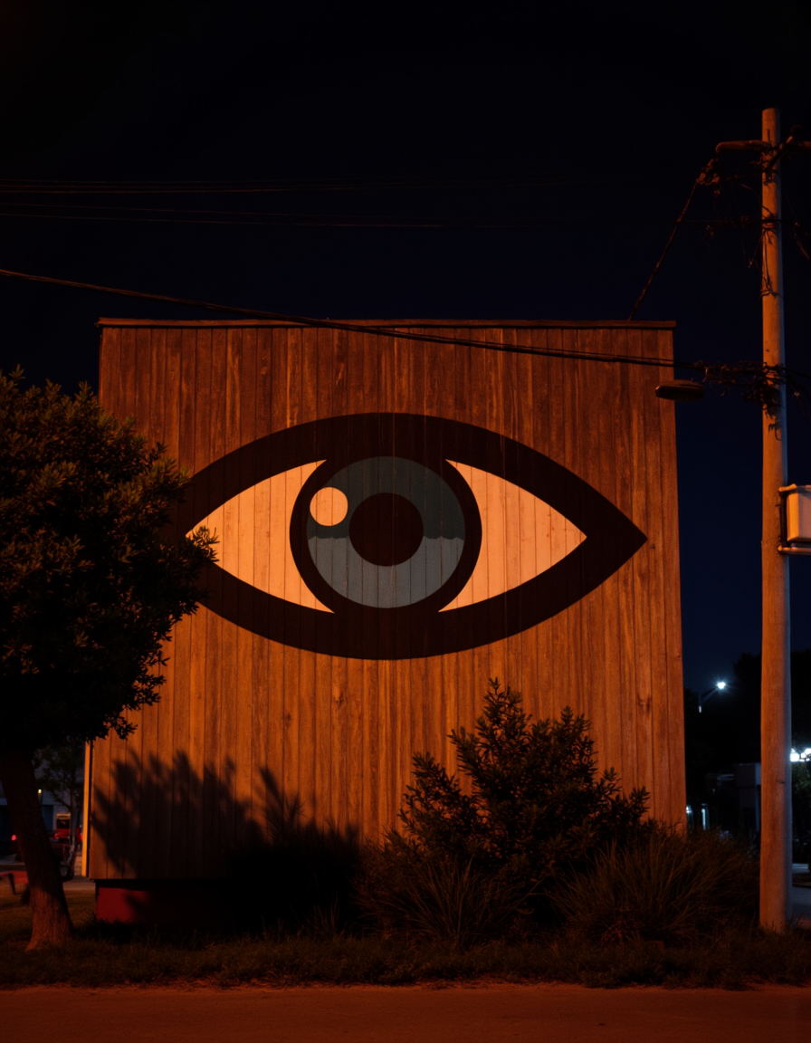 Cinematic night photography with a surreal ambiance. Centerpiece is a large, illuminated eye mural on a wooden wall. Foreground features a tree and power lines, casting dramatic shadows under warm, artificial lighting. The dark surroundings add a mysterious vibe.