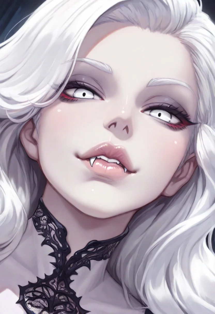 masterpiece, best quality, amazing quality, intricate detail, highly detailed, absurdres, vampire woman,beautiful,she have fangs,white long hair and complete white eyes, dynamic angle, , Detailed lips, wide lips, soft lips, pale lips, glossy lips, lip gloss front view, looking at viewer, dynamic angle, <lora:SmoothStyle_Omega:1>