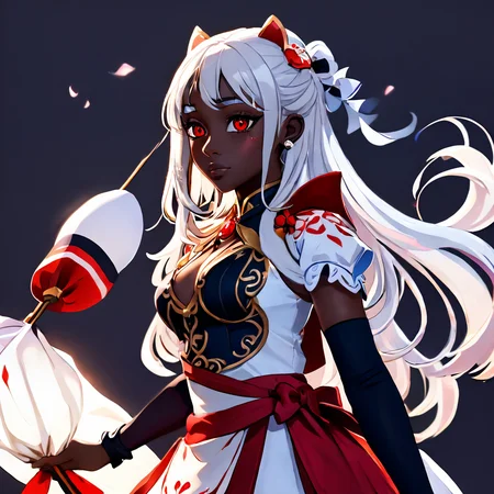 1girl, 3d, black background, cinematic lighting, dark skin, dress, fingerless gloves, genshin_mualani, gloves, hair ornament, long hair, profile, red eyes, sandals, simple background, skirt, solo, white gloves, white hair <lora:Genshin_Mualani_pony:1> <lora:aidma-Image Upgrader-v0.1:1> perfect hands <lora:MHXL_Scrantelly_Slimjane:.8>