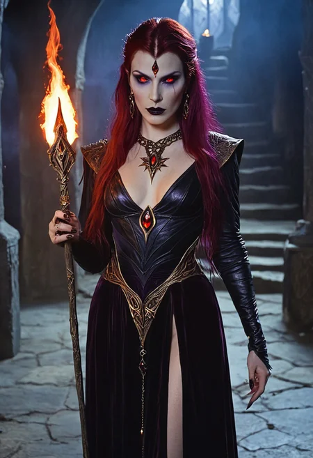 ArsMovieStill, 80s Fantasy Movie Still, gothic aura, realistic, high quality, high resolution, full body view, sharp focus, dark place, the dark laboratory of the sorceress in the background, full body shot, 1women, solo, gorgeous evil sorceress, long red-purple hair, eyes without pupils, black lipstick, gold earrings, perfect face, perfect slim body, red and black long dress, A dark aura emanates around her, her eyes burn intense with energy, glowing eyes, long sorceress glows, her hands burn with dark energy,