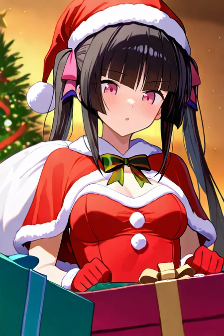 masterpiece, High quality, Ultra detailed, 2d, newest, absurdres, highres, BREAK
1girl, solo, <lora:tsukuyomi shirabe Gear Inner Ver_epoch_10:0.8>, tsukuyomi shirabe, twintails, black hair, hair ribbon, blunt bangs, pink eyes, 
small breasts, shirabeNd, santa costume, santa hat, christmas, sack, merry christmas, gift, fur-trimmed headwear, holding sack, santa dress, fur-trimmed dress, christmas tree, christmas tree, fur trim, red capelet, gift box, red gloves, fur-trimmed capelet, santa gloves, red hat, hat,