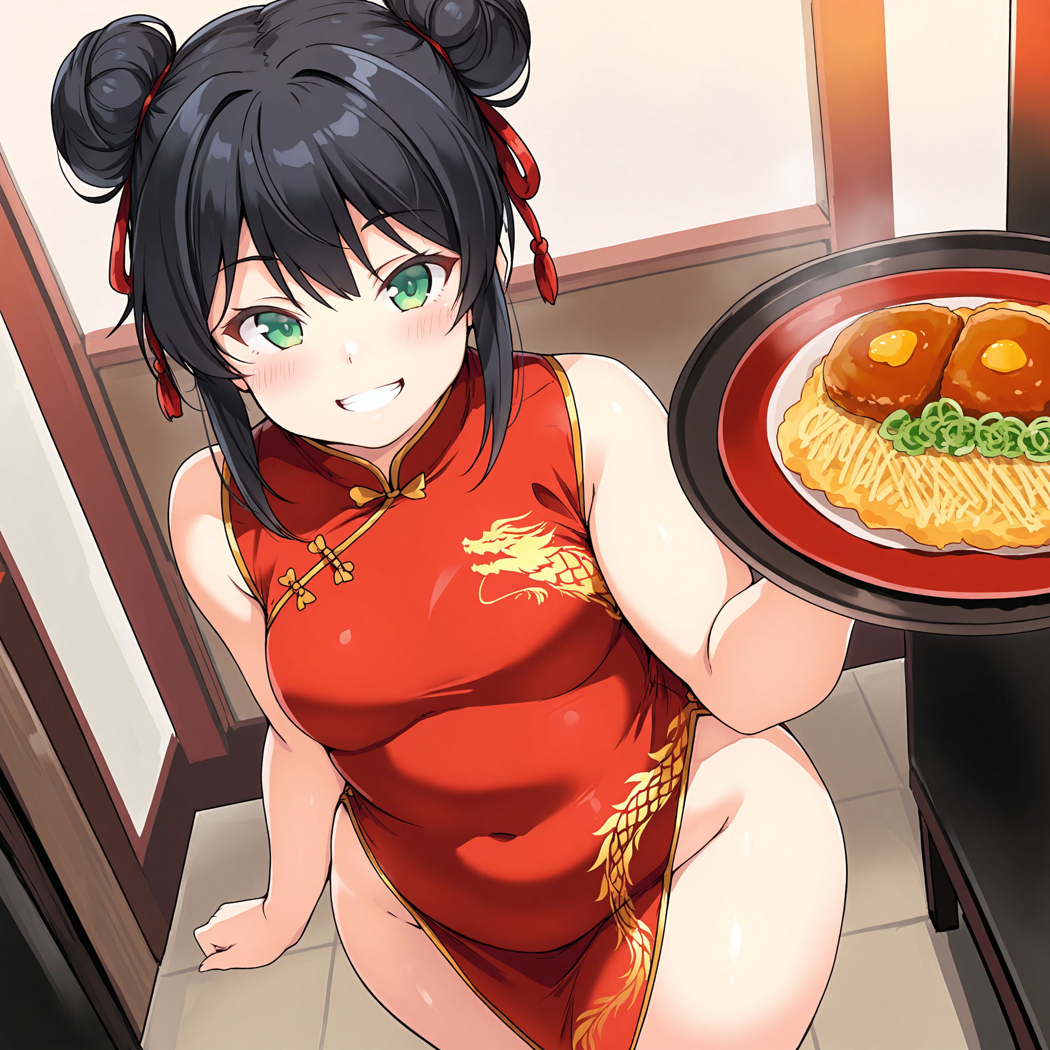 (masterpiece), best quality, (highly detailed), 1female, solo, <lora:Kurocaze_Style Illustrious:0.8>, red chinese dress, black hair, hair buns, green eyes, small breasts, restaurant, wide hips, thick thighs, holding plates, standing, grin, plump, from above,