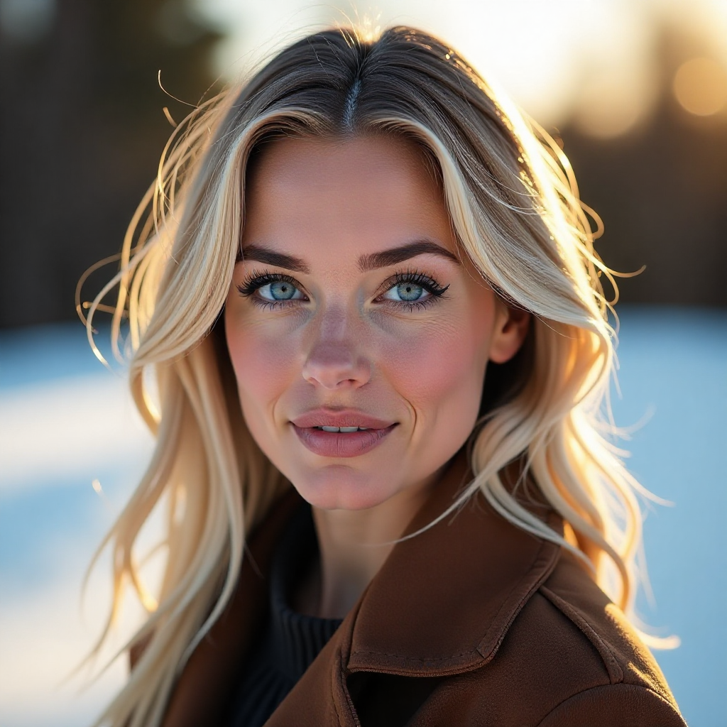professional photo portrait of a beautiful German woman, natural blonde, blue eyes, outside, winter, snow, sunshine, golden hour, ((dark eyeliner, eye shadow)), [[[lipstick]]]