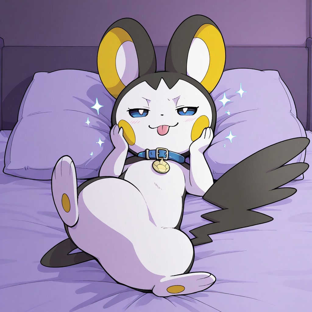 1ns0m14cOvrld,
pokemon (creature), ((feral)), furry, female feral, >:3, emolga,
bed, bow_on_head, collar, female, front_view, furniture, hand_on_cheek, looking at viewer, lying, on side, pillow, solo, sparkles, crossing legs, flying_squirrel, mammal, rodent, sciurid, hi_res, pinup, 1girl, solo, body fur, half-closed eyes, close mouth, tongue out, blue eyes