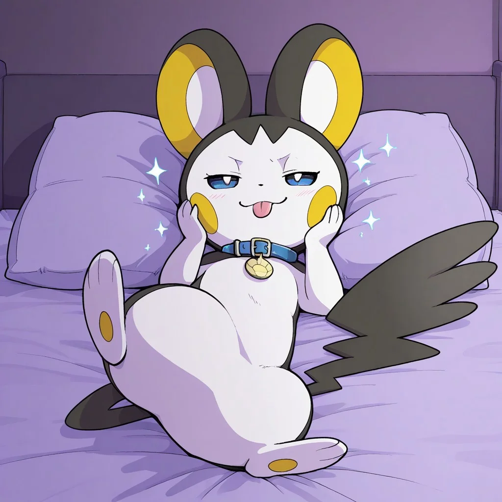 1ns0m14cOvrld,
pokemon (creature), ((feral)), furry, female feral, >:3, emolga,
bed, bow_on_head, collar, female, front_view, furniture, hand_on_cheek, looking at viewer, lying, on side, pillow, solo, sparkles, crossing legs, flying_squirrel, mammal, rodent, sciurid, hi_res, pinup, 1girl, solo, body fur, half-closed eyes, close mouth, tongue out, blue eyes