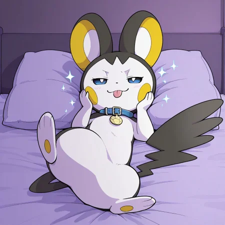 1ns0m14cOvrld,
pokemon (creature), ((feral)), furry, female feral, >:3, emolga,
bed, bow_on_head, collar, female, front_view, furniture, hand_on_cheek, looking at viewer, lying, on side, pillow, solo, sparkles, crossing legs, flying_squirrel, mammal, rodent, sciurid, hi_res, pinup, 1girl, solo, body fur, half-closed eyes, close mouth, tongue out, blue eyes