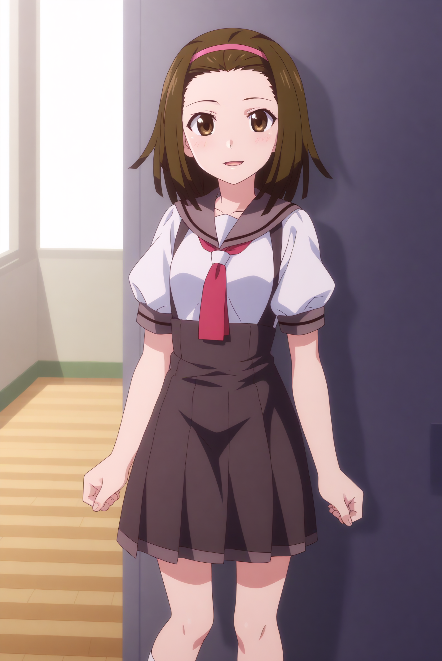 KomiNadeko, puffy short sleeves, school uniform, serafuku, white shirt <lora:Monogatari-KomiNadeko-PDXL:0.8>