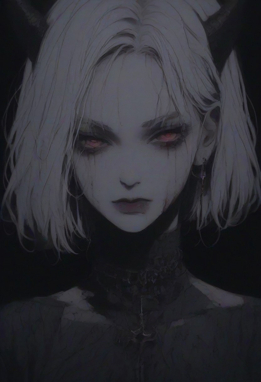score_9, score_8_up, score_7_up, flat color, blood dripping from mouth, demon girl, demon horns, gthan, gothic, jewelry, red eyes, solo, blood, earrings, cross, 1girl, black background, looking at viewer, portrait, short hair, necklace, blood on face, cross necklace, simple background, spot color, closed mouth, white hair, cross earrings