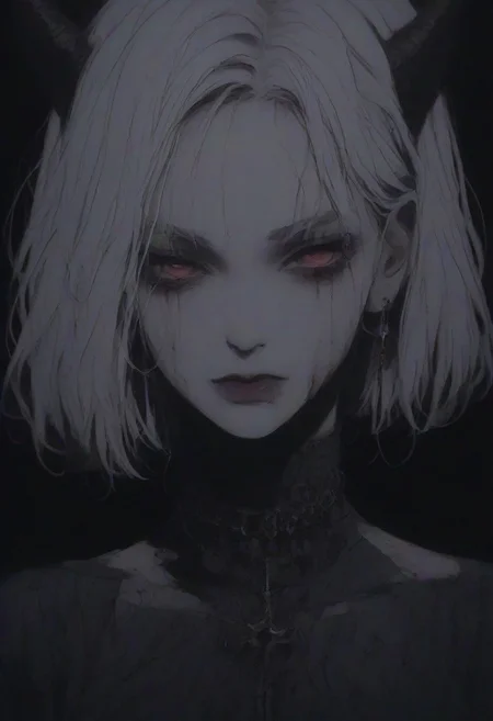 score_9, score_8_up, score_7_up, flat color, blood dripping from mouth, demon girl, demon horns, gthan, gothic, jewelry, red eyes, solo, blood, earrings, cross, 1girl, black background, looking at viewer, portrait, short hair, necklace, blood on face, cross necklace, simple background, spot color, closed mouth, white hair, cross earrings