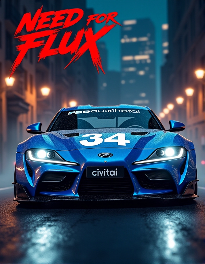 game poster "Need For Flux" written with aggressive red letter on top of the image , at the center is a front view of a blue sports car with text "civitai" on number plate entering turn , on the hood text "34" painted wuth white paint , night city road