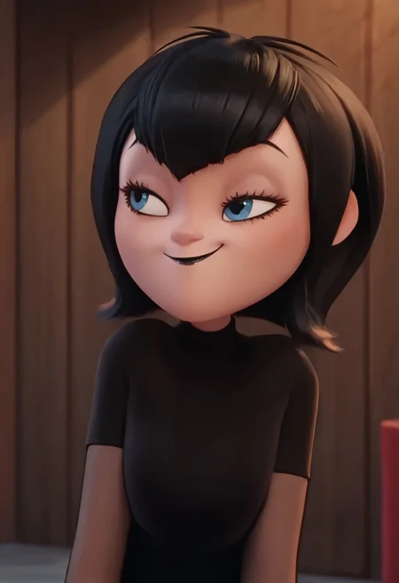 score_9, score_8_up, score_7_up, ultra quality, solo, 1girl, black hair, short hair, blue eyes, fangs, black lips, black nails, , black dress, grey elbow gloves, striped pantyhose, red sneakers, , smug smile, hips focus, big hips, big butt, bubble butt, curvy, narrow waist, standing, front view, looking to the viewer, upper body, view from above, close up, screencap