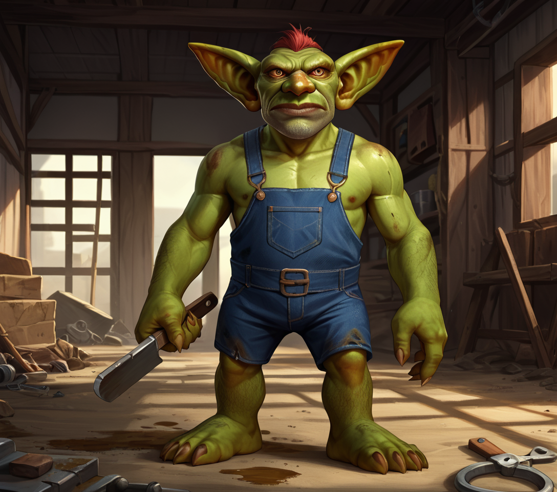 score_9_up,score_8_up,score_7_up,score_6_up,score_5_up,score_4_up, masterpiece, high quality, digital painting, source_furry, source_monster, source_anime, BREAK,
greasy, dirty, oil stains, mechanic, overalls, standing, holding tool, tool shed, 
Goblin, male, (green skin), large ears, large nose, detailed eyes, 
<lora:Goblins for PonyXL:0.7>