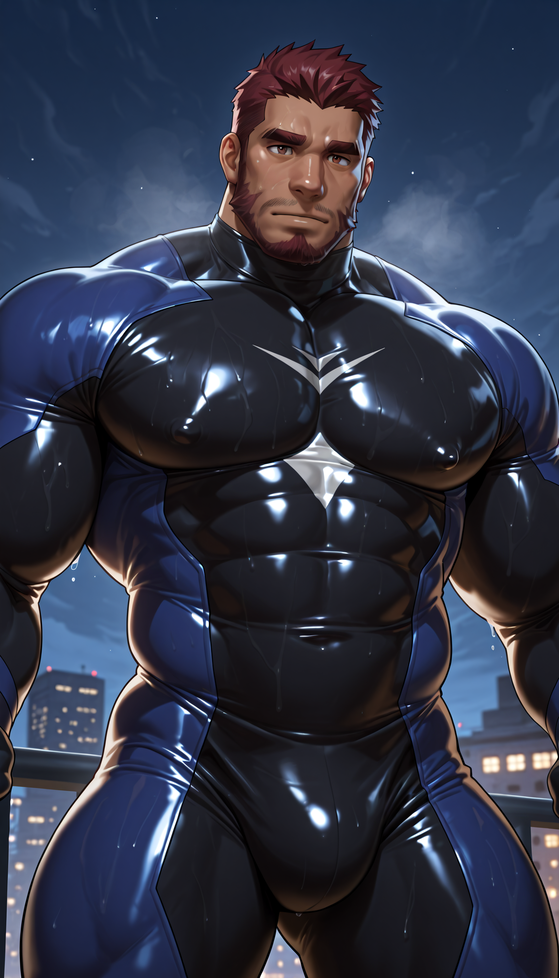 male focus,(detailed eyes:1.2, detailed face, nice eyes),facial hair,solo,muscular,steaming body,bodysuit,night,<lora:takahirosi-20:0.9>,