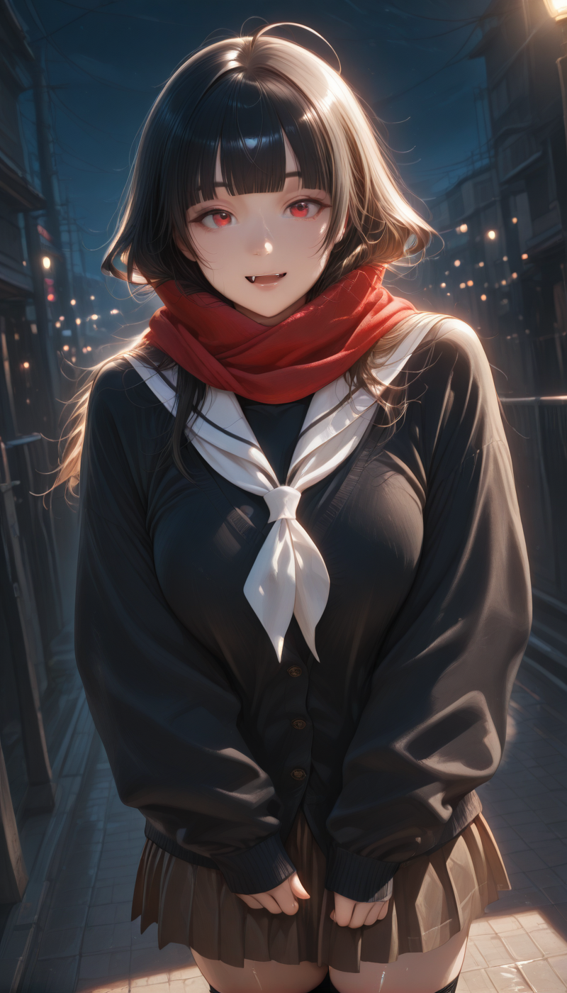 <lora:LCMTurboMix_Euler_A_fix:1> <lora:example_SDXL:0.3>, EZRealPONYXL, <lora:Dramatic Lighting Slider:3> <lora:realistic filter [IL]:1>
DSLR,realistic,cosplay photo, (very awa,masterpiece,best quality,year 2024,newest,absurdres,highres:1), realistic,skin texture,facial features, photography shot with Canon EOS 5D Mark IV , realistic, RAW, best quality, masterpiece, amazing quality, skin details,
1girl, highly detailed beautiful face, large natural breasts,
detailed background, shiny skin, dutch angle, night, moonlight,
beautiful detailed eyes, intricate details, absurdres, anime screencap,
 <lora:YoakenoNanashi_Vtuber_kill0825:1>
VTNanashi, long hair, black hair, red eyes, fang, ahoge, sidelocks,
skirt, long sleeves, thighhighs, school uniform, thighs, pleated skirt, serafuku, puffy sleeves, black thighhighs, black skirt, blunt bangs, sailor collar, miniskirt, scarf, neckerchief, sleeves past wrists, buttons, cardigan, puffy long sleeves, white sailor collar,  brown skirt, black serafuku, red scarf, fringe trim, white neckerchief, black cardigan,  enpera, shirt, black shirt, zettai ryouiki,
Dynamic pose,