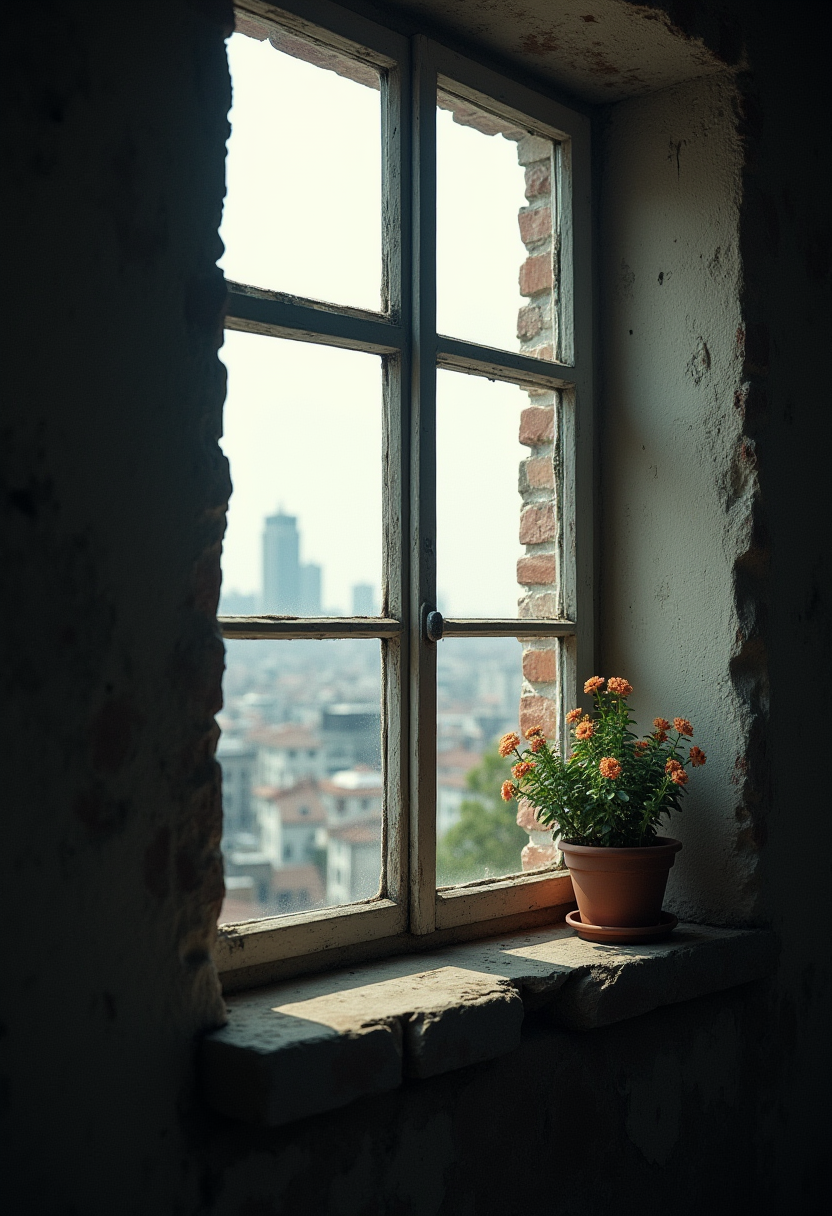 A contemplative and atmospheric photograph capturing a window overlooking a sprawling cityscape. The window itself is subtly aged, adding character and a sense of history. A vibrant potted plant sits on the windowsill, bringing a touch of life and color to the scene. A weathered stone wall flanks the window, providing a textured backdrop. The lighting is soft and diffused, creating a peaceful and introspective mood. Focus on capturing the juxtaposition of urban landscape and personal sanctuary. Photorealistic, soft lighting, shallow depth of field, 8k resolution, intricate details, inspired by urban photography and interior design, trending on ArtStation.