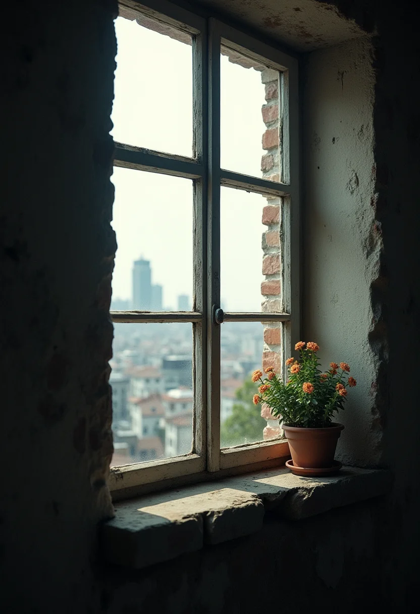 A contemplative and atmospheric photograph capturing a window overlooking a sprawling cityscape. The window itself is subtly aged, adding character and a sense of history. A vibrant potted plant sits on the windowsill, bringing a touch of life and color to the scene. A weathered stone wall flanks the window, providing a textured backdrop. The lighting is soft and diffused, creating a peaceful and introspective mood. Focus on capturing the juxtaposition of urban landscape and personal sanctuary. Photorealistic, soft lighting, shallow depth of field, 8k resolution, intricate details, inspired by urban photography and interior design, trending on ArtStation.