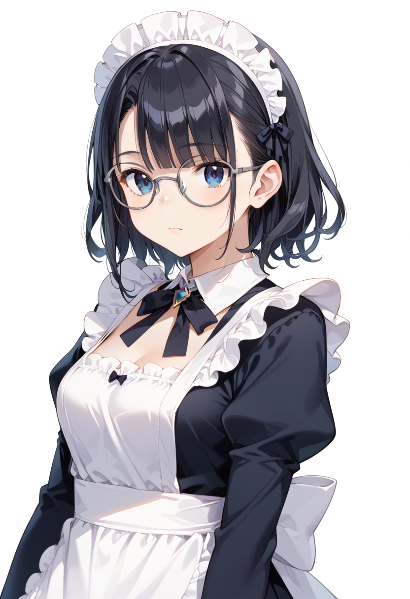 score_9, score_8_up, score_7_up, rating_safe, masterpiece, best quality, absurdres, unity 8k wallpaper, official art, official style, source_anime, uncensored, game cg, megami magazine,
1girl, solo, black hair, medium hair, upper body, covered eyes,maid, maid headdress, black dress, maid apron, face focus,
round_glasses22A, glasses, still life, white background, simple background, grey-framed eyewear,
 <lora:glasses_Round_PONY_V1:1>