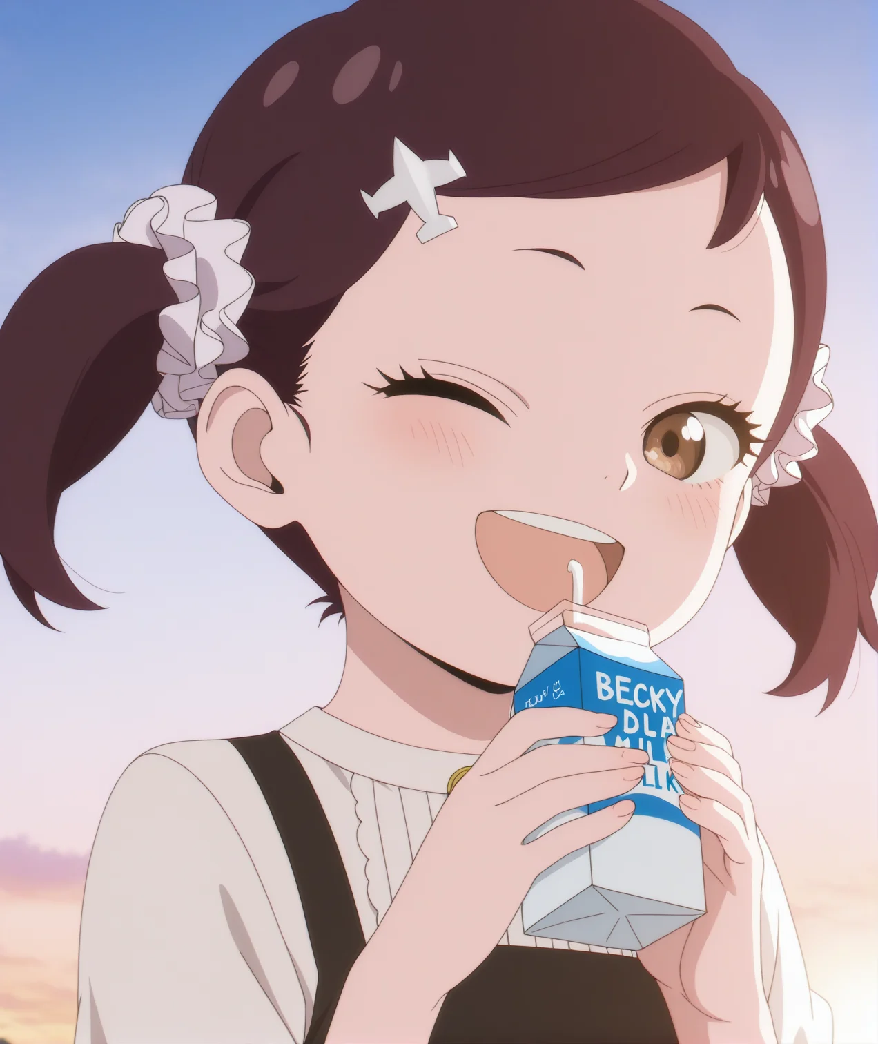 masterpiece,best quality,amazing quality,becky blackbell,black hair,hair ornament,twintails,hairclip,scrunchie,hair scrunchie,brown eyes,anime screencap,<lora:becky-blackbell-s1-illustriousxl-lora-nochekaiser:1>,smile,sky,realistic,;d,mid_shot,drinking milk,