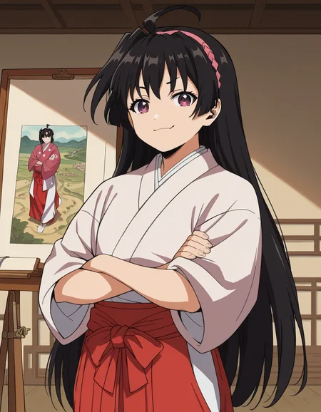 score_9, score_8_up, score_7_up, source_anime, <lora:ayako-mochizuki-s1-ponyxl-lora-nochekaiser:1>, ayako mochizuki, long hair, black hair, purple eyes, ahoge, hairband,, skirt, japanese clothes, hakama, miko, red hakama,, museum, art exhibit, paintings, observing, quiet contemplation, cultural experience, , , crossed arms, smug, solo,, cowboy shot, dutch angle