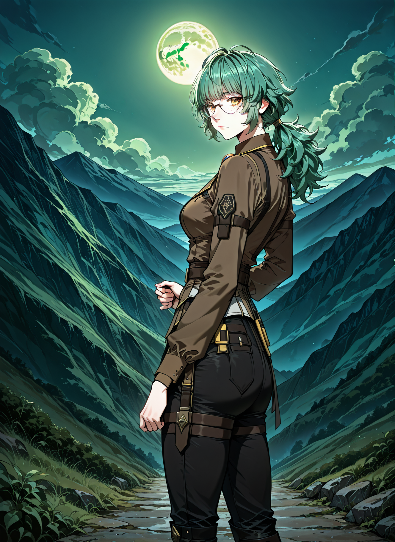 <lora:Emily_Watsken__The_Beginning_After_the_End__Illustrious:1>
1 girl, solo, yellow eyes, green hair, ahoge, low ponytail, bangs, long hair, messy hair, freckles, black pants, knee boots, brown shirt, long sleeves, collared shirt, glasses, round eyewear, belt, 
score_9, score_8_up, score_7_up, source anime, BREAK, cowboy shot, (from side), looking back, looking at viewer, overlooking mountain, high altitude, scenery, exterior, background, (solo), perfect hands, night, green moon, greenish sky, <lora:iLLMythG0thicL1nes:1>