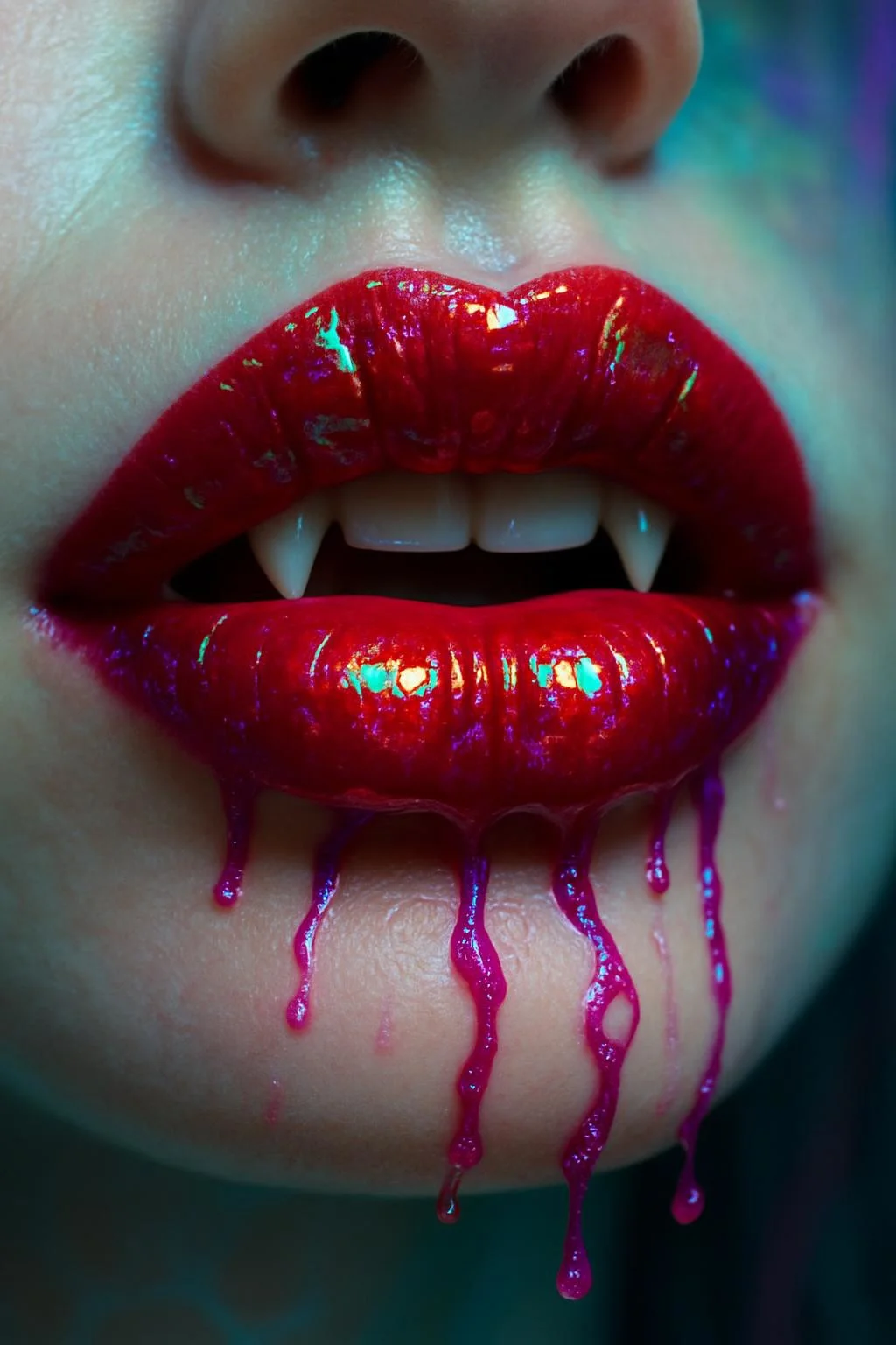 Masterpiece, high detail, photo, A stunningly close-up image of blood-red woman lips, with sharp, ivory-white fangs just barely visible. The lips are coated in a glossy sheen that reflects flashes of neon green and electric blue as if they are dripping with liquid fire. Tiny rivulets of glowing, purple-tinted blood trickle from the corners of the mouth, forming intricate, swirling patterns as they fall. the lips are plumb, plump lips. The skin around the lips is a flawless, icy pale, but glowing with hints of fluorescent blue veins. Behind the lips, there’s a hint of an eerie, multicolored aurora-like light, creating a contrast between the glowing, radiant colors and the dark, dangerous sensuality of the fangs.