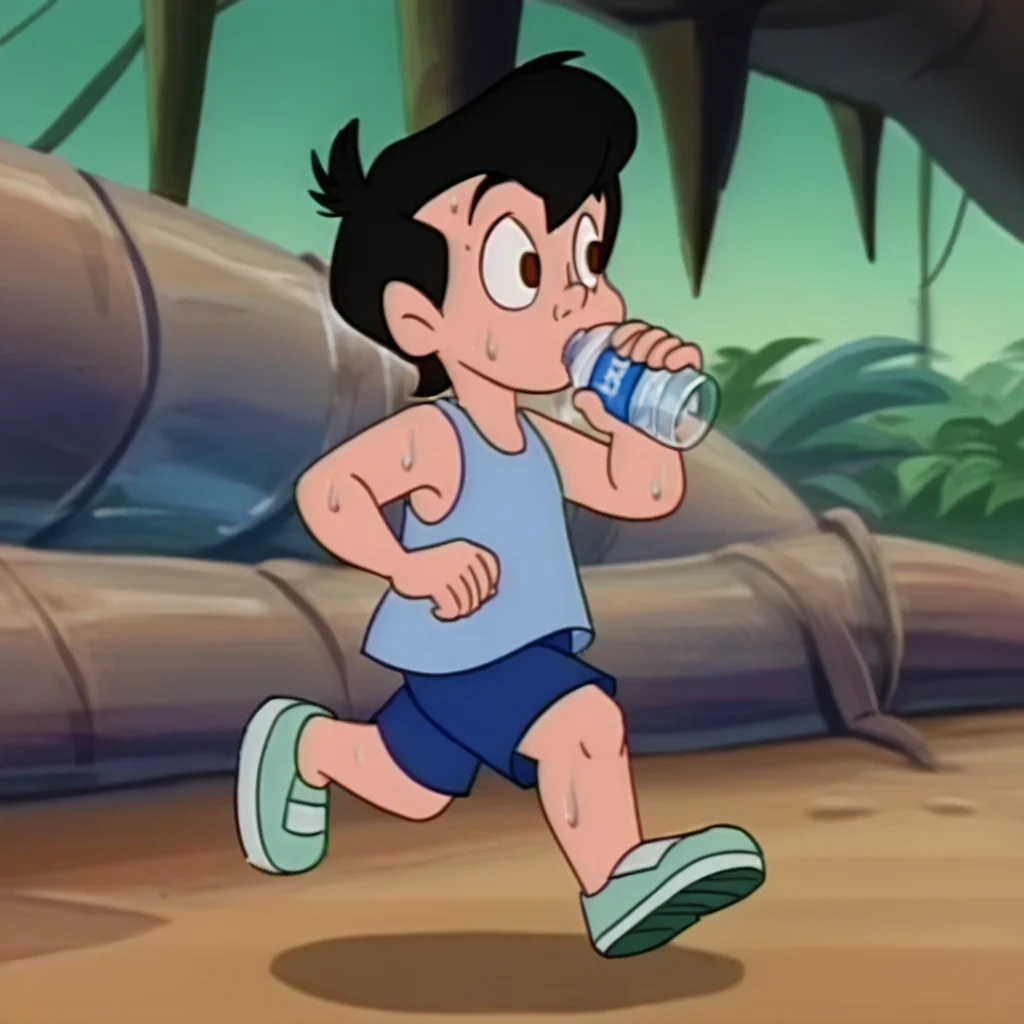 neddiehugsonozkids, 1boy, solo, human, black hair, brown eyes, light blue tanktop, blue shorts, green running shoes, male child, jungle background, (drinking water bottle), sweating, <lora:Neddie_Hugson_Oz_Kids:1>