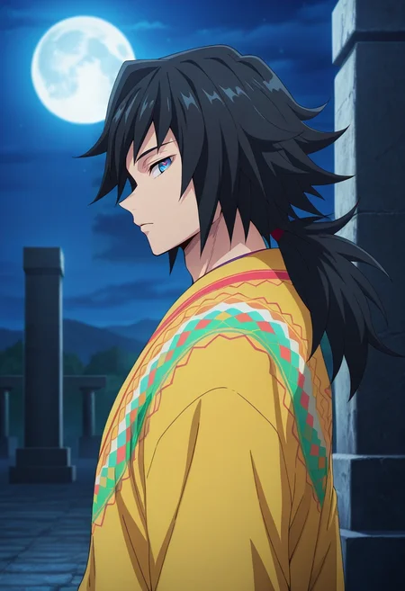 masterpiece, best quality, , anime screencap, anime coloring, official style, looking at viewer, 1boy, solo, male focus, <lora:giyuu_tomioka_ilxl:0.9>, giyuu_tomioka, black hair, blue eyes, bangs, long hair, low ponytail, , , profile, stonehenge, night, full moon, victory pose, heart eyes, easter costume