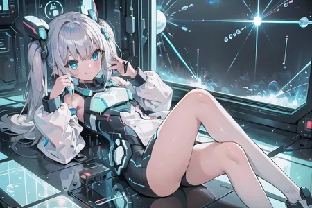 (masterpiece), (science fiction:1.4), 1girl, lying on the back on a mirror, lying on the back on a mirror, lying on the back on a mirror, smile, silver hair, aqua eyes, headgear, long sleeves, detached sleeves, glowing energy clothing, light particles, energy particles, perfect hands, perfect legs