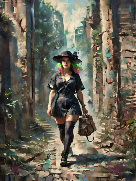 score_9, score_8_up, score_7_up, character in profile, walking, looking at surroundings, woman, pale skin, large breasts, (black sunhat, black stockings, black skirt, black top, zipper boots, neon hair color, two tone hair, <lora:OilpaintIMP:1> 0cmtr1g, 0cm, 0cm1sc, 4rch, The fall of ancient power, the towers topple, the ruins return, and she remains,highly detailed