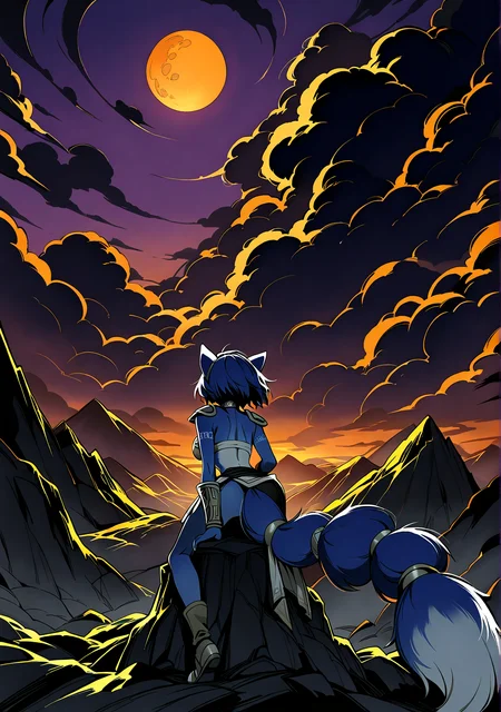 masterpiece,best quality,amazing quality, mmshd, solid black shading, krystal, star fox, solo, mountain, dark clouds, moon, gradient background, purple skies, orange skies