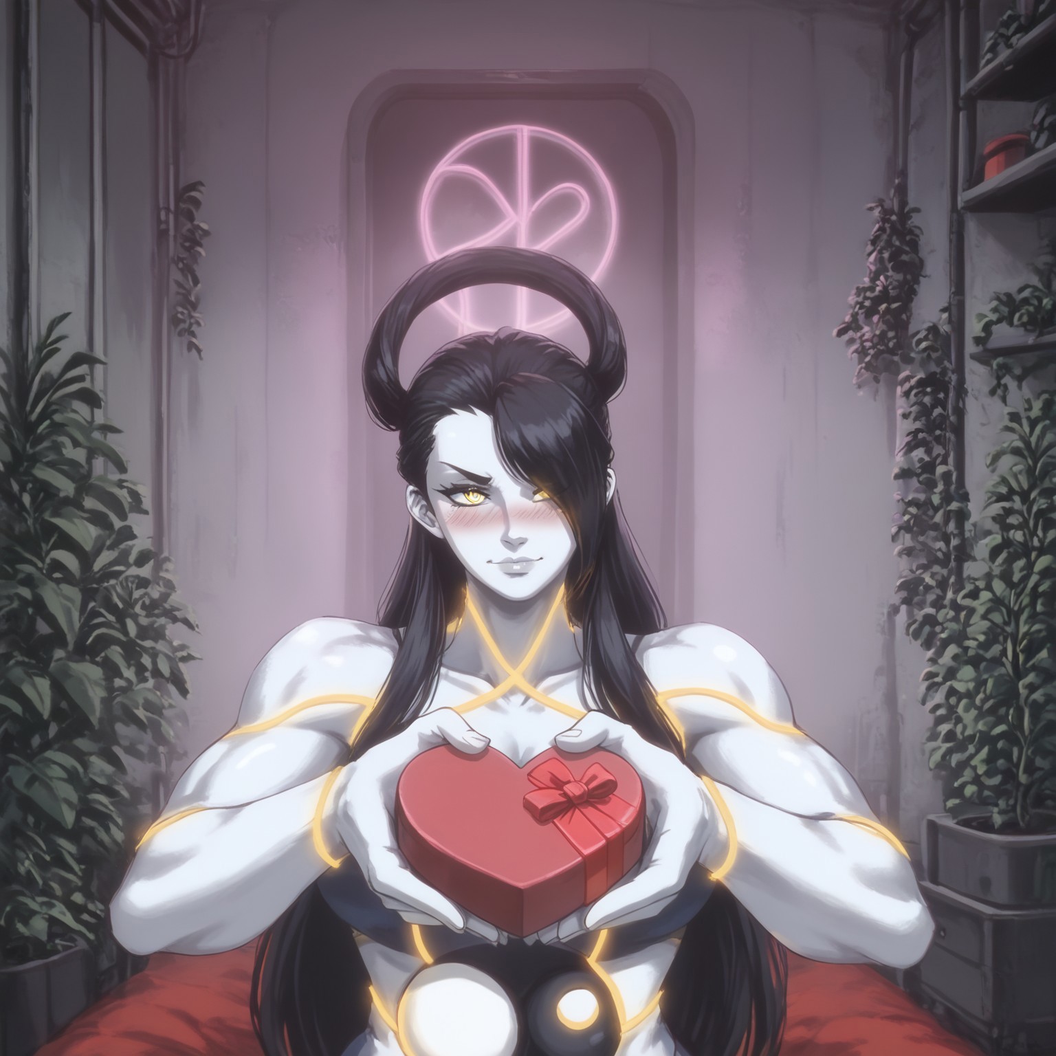 masterpiece, best quality, solo, 1girl, seth, muscular , cybernetic eyes , yellow eyes, glowing eyes ,yin yang orb, black hair, hair ring, bangs, hair covering left eye, long hair, neon trim, grey colored skin, grey lips, ,embarrassed, blushing, head looking away from viewer, ,in a dimly lit bedroom,  plants on the windowsill, wall of plants,  ,monstera plant, large plant, tidy bedroom, large room, cyber tech wires littering the room, cyberpunk city view out of the window, neon light, purple neon lights, , foggy outside .1990s \(style\),
<lora:heart-shaped-box-ponyxl-lora-nochekaiser:1>, heart-shaped box, holding, box, gift, valentine, incoming gift, closed eyes, blush, , outstretched arms,  warm cute innocent smile,