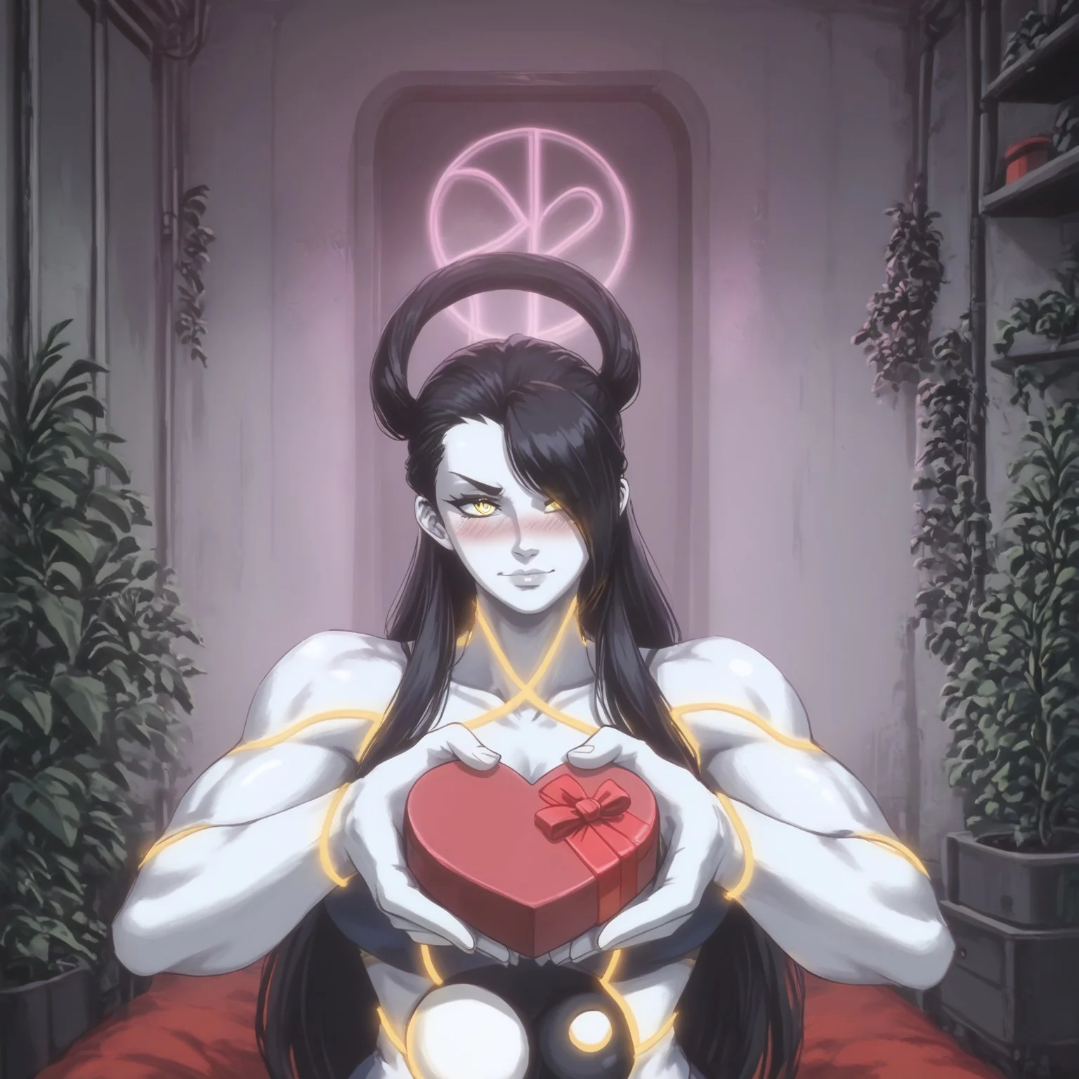 masterpiece, best quality, solo, 1girl, seth, muscular , cybernetic eyes , yellow eyes, glowing eyes ,yin yang orb, black hair, hair ring, bangs, hair covering left eye, long hair, neon trim, grey colored skin, grey lips, ,embarrassed, blushing, head looking away from viewer, ,in a dimly lit bedroom,  plants on the windowsill, wall of plants,  ,monstera plant, large plant, tidy bedroom, large room, cyber tech wires littering the room, cyberpunk city view out of the window, neon light, purple neon lights, , foggy outside .1990s \(style\),
<lora:heart-shaped-box-ponyxl-lora-nochekaiser:1>, heart-shaped box, holding, box, gift, valentine, incoming gift, closed eyes, blush, , outstretched arms,  warm cute innocent smile,