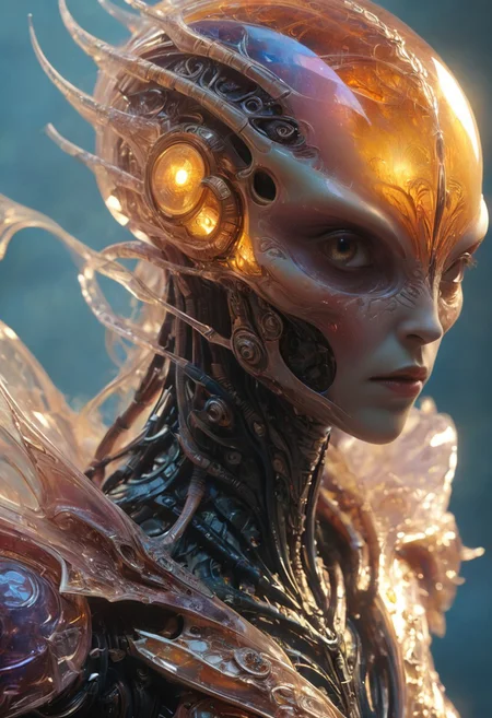 A multicolored translucent artialien, (translucent head:1.6),
hyperdetailed realistic illustration, intricately detailed, highest quality, closeup,
BREAK, stylized photo, ultra level of detail and precision in the art, masterpiece, mixed media, intense mood, detailed shading,
subsurface scattering, light leaks, soft shadows, film grain, Dutch angle, narrow DoF, cinematic composition, mystic haze, dusty atmosphere, close-up, very detailed skin and scares, HDR, RAW photograph, eye catchlights, mystic haze, dusty atmosphere