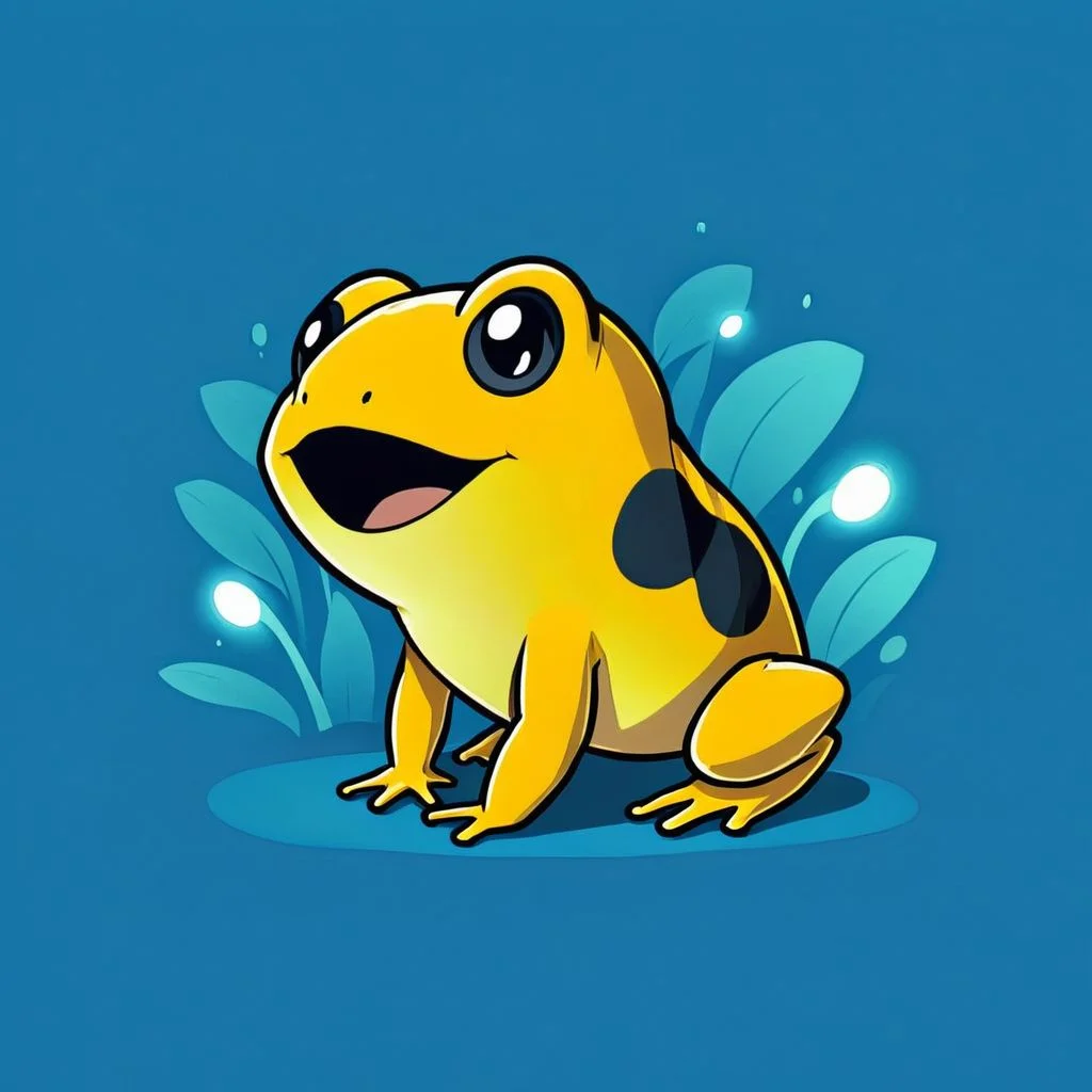 cartoon of Golden Poison Dart Frog in (ctswx:1.2) style, cute, chibi, joyous expression, candid pose, glowing Aqua background, rim lighting, complementary colors, <lora:Cute_Tshirt_Style_XL_v5.1-000017:1>