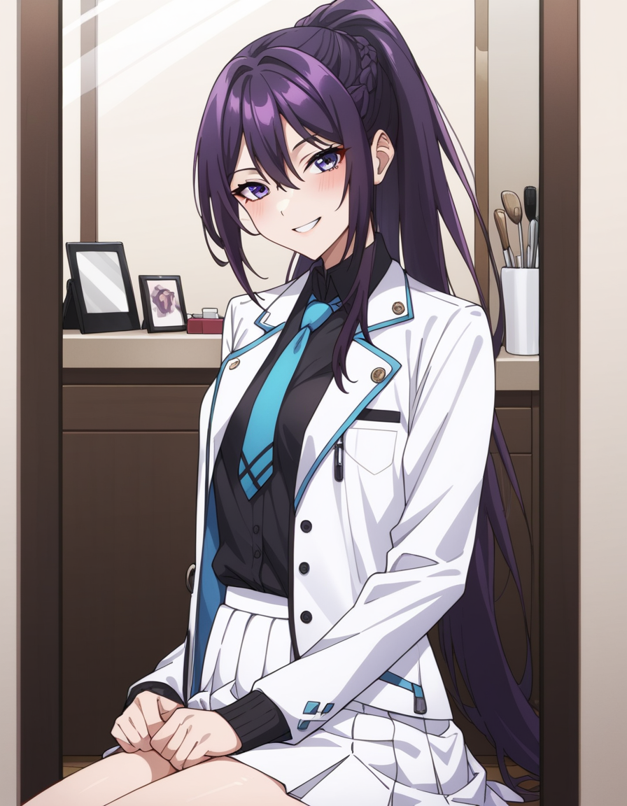 score_9, score_8_up, score_7_up, source_anime, uncensored, <lora:StS_detail_slider_v1:3>, zPDXLxxx, <lora:Rin_Kanzaki_PONYXL_VexVexX:1>, RinKanzaki, 1girl, purple eyes, purple hair, ponytail, long hair, braid, bangs, hair between eyes, bangs, medium-small breasts, school uniform, white jacket, white skirt, black shirt, blue necktie, cowboy shot, bedroom, from side, Sit at a vanity mirror with makeup brushes or beauty products, thighs, looking at viewer, smile,