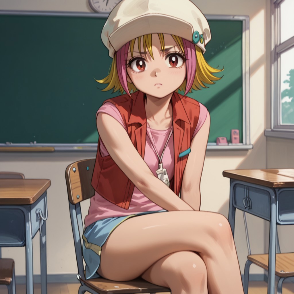 score_9, score_8, score_7, break, solo, sayo_k, blonde_hair, short hair, multicolored hair, brown eyes, red vest, pink shirt, hat, sitting, classroom, crossed legs, looking at viewer
