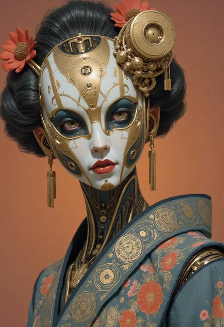 In the style of ff-td, a cyborg geisha wearing a mask