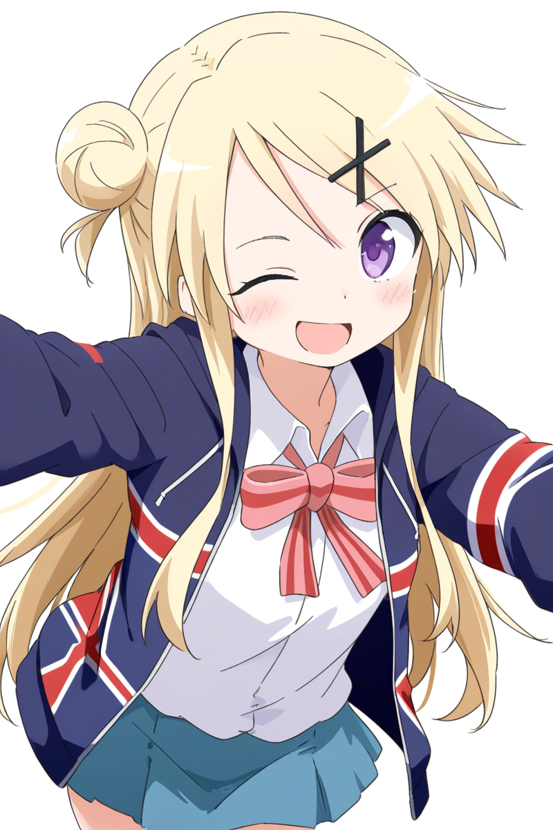 masterpiece, best quality, amazing quality,
 <lora:Cynical_IL:1> cynical, 1girl, one eye closed, solo, blonde hair, long hair, smile, hair ornament, open mouth, purple eyes, x hair ornament, hair bun, union jack, ;d, skirt, hairclip, shirt, jacket, single hair bun, bow, white background, white shirt, blush, looking at viewer, simple background, blue skirt
