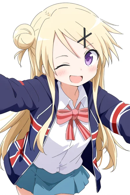 masterpiece, best quality, amazing quality,
 <lora:Cynical_IL:1> cynical, 1girl, one eye closed, solo, blonde hair, long hair, smile, hair ornament, open mouth, purple eyes, x hair ornament, hair bun, union jack, ;d, skirt, hairclip, shirt, jacket, single hair bun, bow, white background, white shirt, blush, looking at viewer, simple background, blue skirt