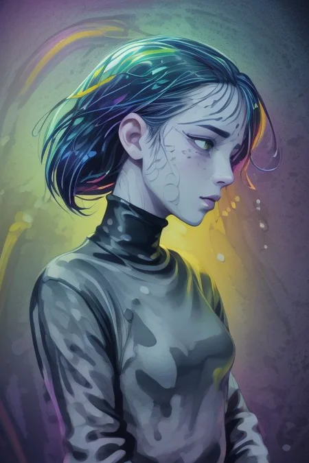 Portrait of a girl in profile, she has short straight hair, she is dressed in a turtleneck sweater, there is a decorative butterfly in her hair, black and white colors, a dramatic image, drawn with a black helium pen, thin smooth lines, (ink stains: 1.6), towards the edges the image softens, turns pale (spots of bright rainbow colors are splashed on top: 1.8)