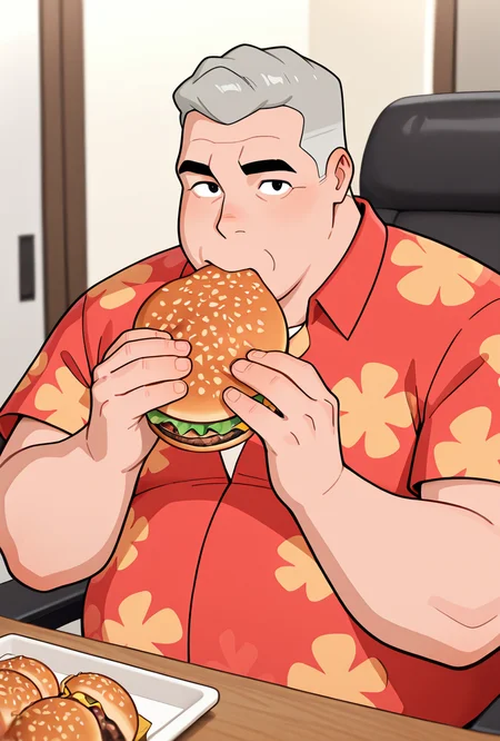 <lora:max-05:1> max, collared red shirt, grey hair, 1boy, short hair, short sleeves, hawaiian shirt, floral print, looking at viewer, expressive, posing, chubby, <lora:Jerma985 Eating A Whopper:1> jeiw, holding burger, eating, looking at viewer, upper body, sitting, masterpiece, best quality, amazing quality, very aesthetic, absurdres, newest,