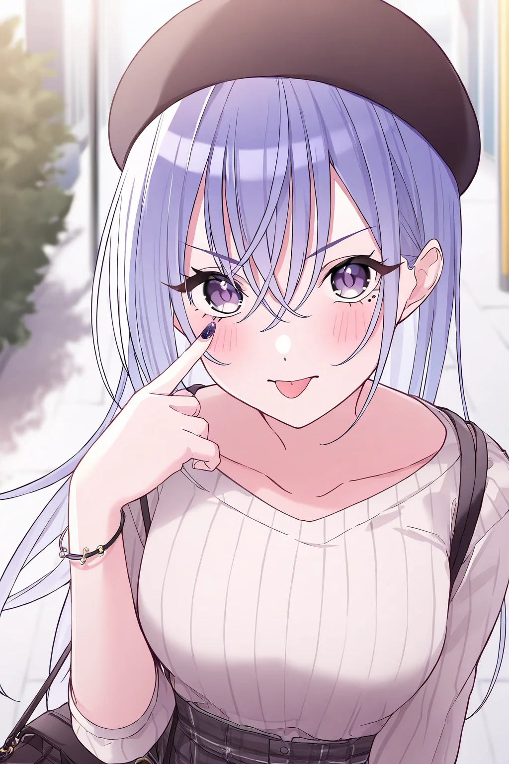 <lora:Suzuki_Hana:1>, Suzuki Hana, long hair, blue hair, hair between eyes, purple eyes, 1girl, tongue, tongue out, bag, hat, looking at viewer, eyelid pull, akanbe, nail polish, solo, beret, shirt, :p, plaid, blush, black headwear, v-shaped eyebrows, bracelet, collarbone, outdoors,