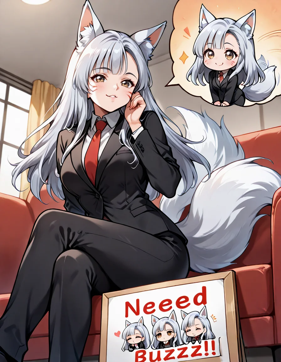 masterpiece,best quality,amazing quality,ultra detailed,very aesthetic,absurdres,sofa,(throwing kiss:1.3),<lora:selma_IL_V1>,selma,silver hair,long hair,brown eyes,golden eyes,fox ears,nine-tailed fox,suit,long_fingernails,tail_wagging,motion_blur,motion_lines,whisker_markings,leaning_forward,chibi,sitting_on_chair,crossed_legs,smirk,giggling,from_below,looking_at_viewer,<lora:need_buzz_sign:1>,need_buzz,chibi is holding a sign,