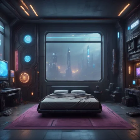 <lora:indoorsXL_V1.0-000010:0.8>,bck,interior design,cyberpunk theme,(photorealistic:1.2),bed room, lumenarium, fantasy setting
