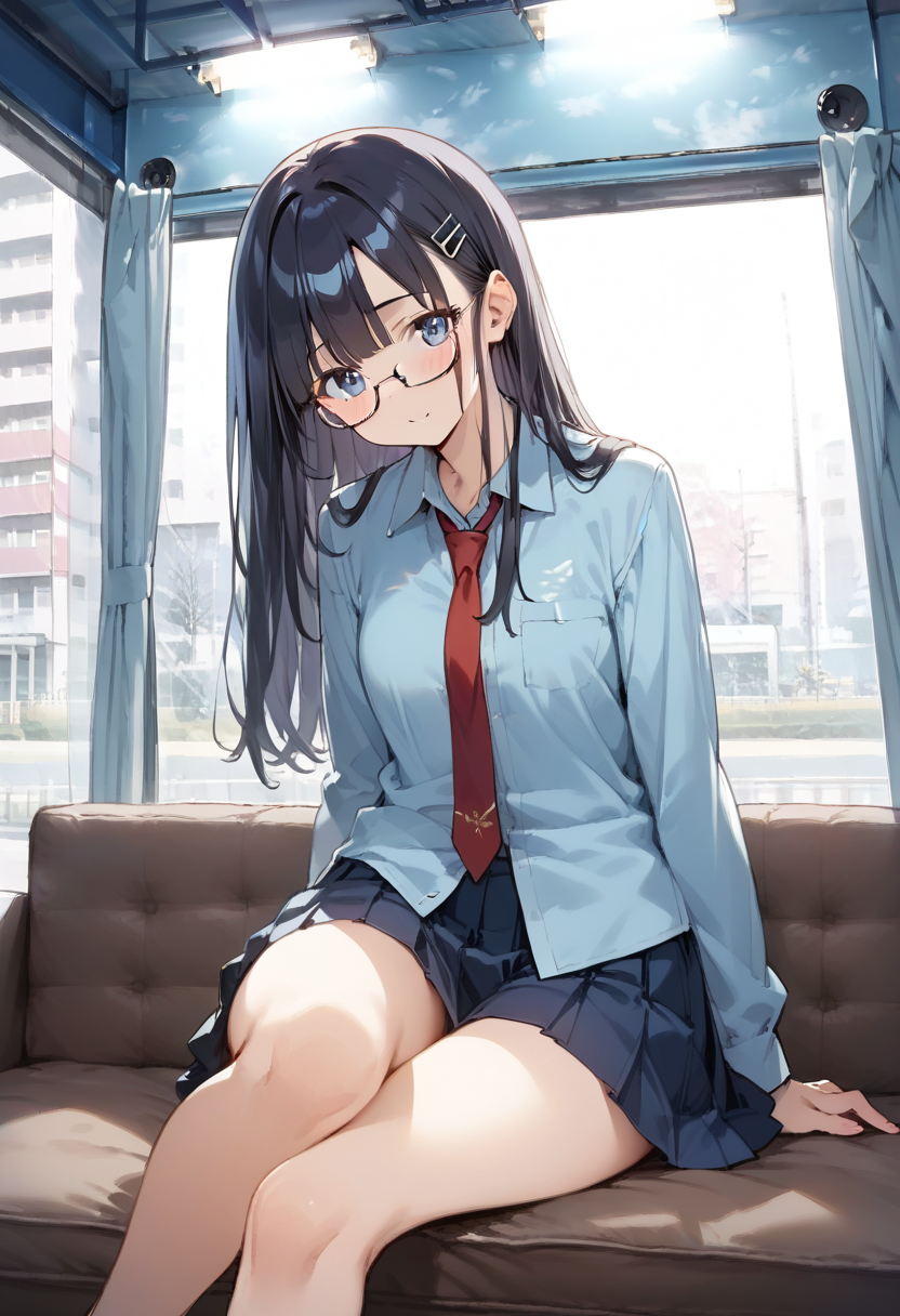 score_9, score_8_up, score_7_up, rating_safe, masterpiece, best quality, absurdres, unity 8k wallpaper, official art, official style, source_anime, uncensored, game cg, megami magazine,
1girl, solo, glasses, black hair, long hair, blue eyes, collared shirt, red necktie, pleated skirt, blue skirt, looking at viewer, blush, 
mmgo, window, scenery, indoors, curtains, couch, tree, building, day, cityscape, city
 <lora:mmgo_PONY_V1-000100:0.8>