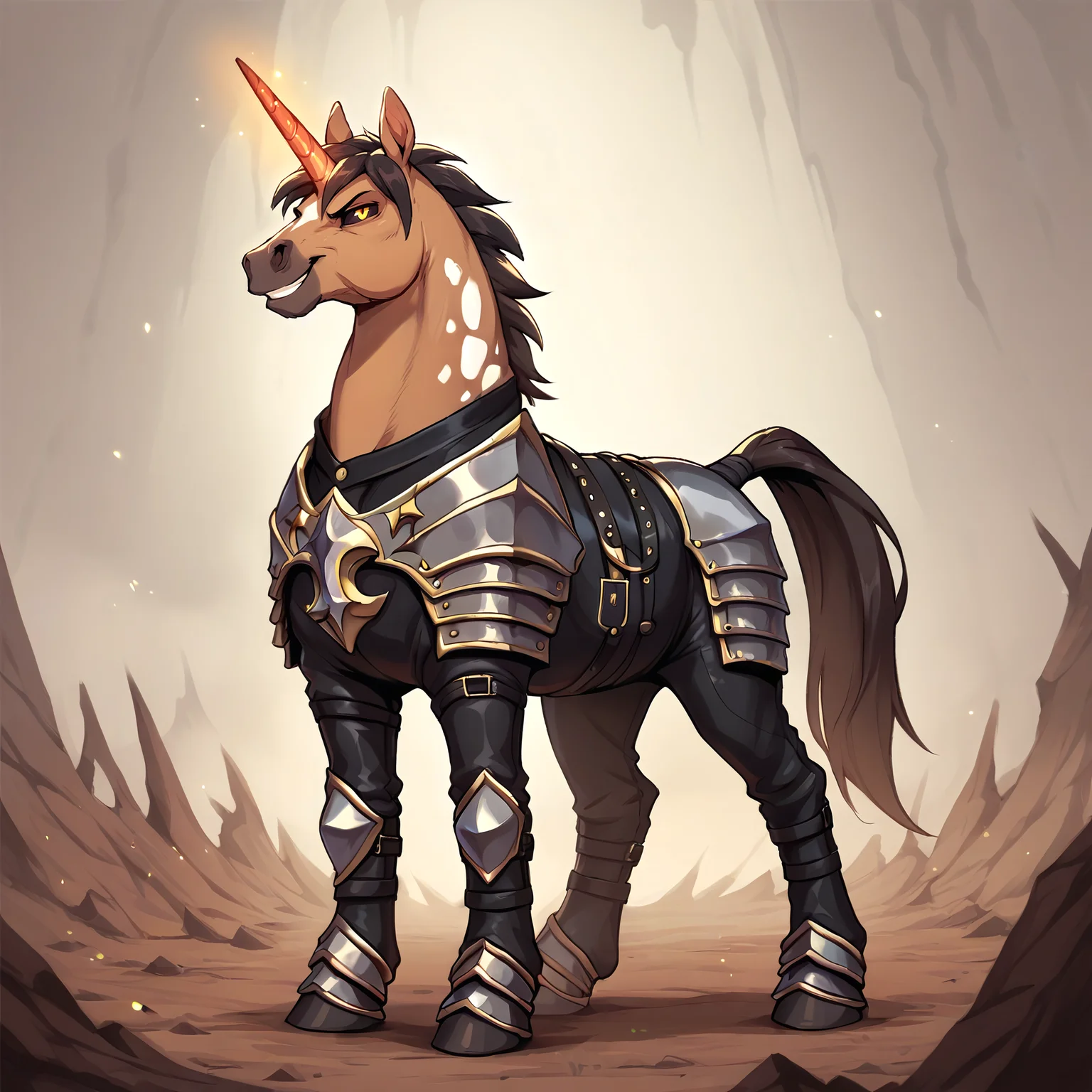 score_9, score_8_up, score_7_up, score_6_up, score_5_up, score_4_up, rating safe, source furry BREAK
male, solo, solo focus, equine, feral, demon, equine demon, equid, tan fur, white spots, black sclera, yellow pupils, horn, glowing horn, clothed feral, leather clothing, leather armor, full full-length portrait, hell scape background, smug expression, <lora:Undies_for_Feral_Furries:0.8>