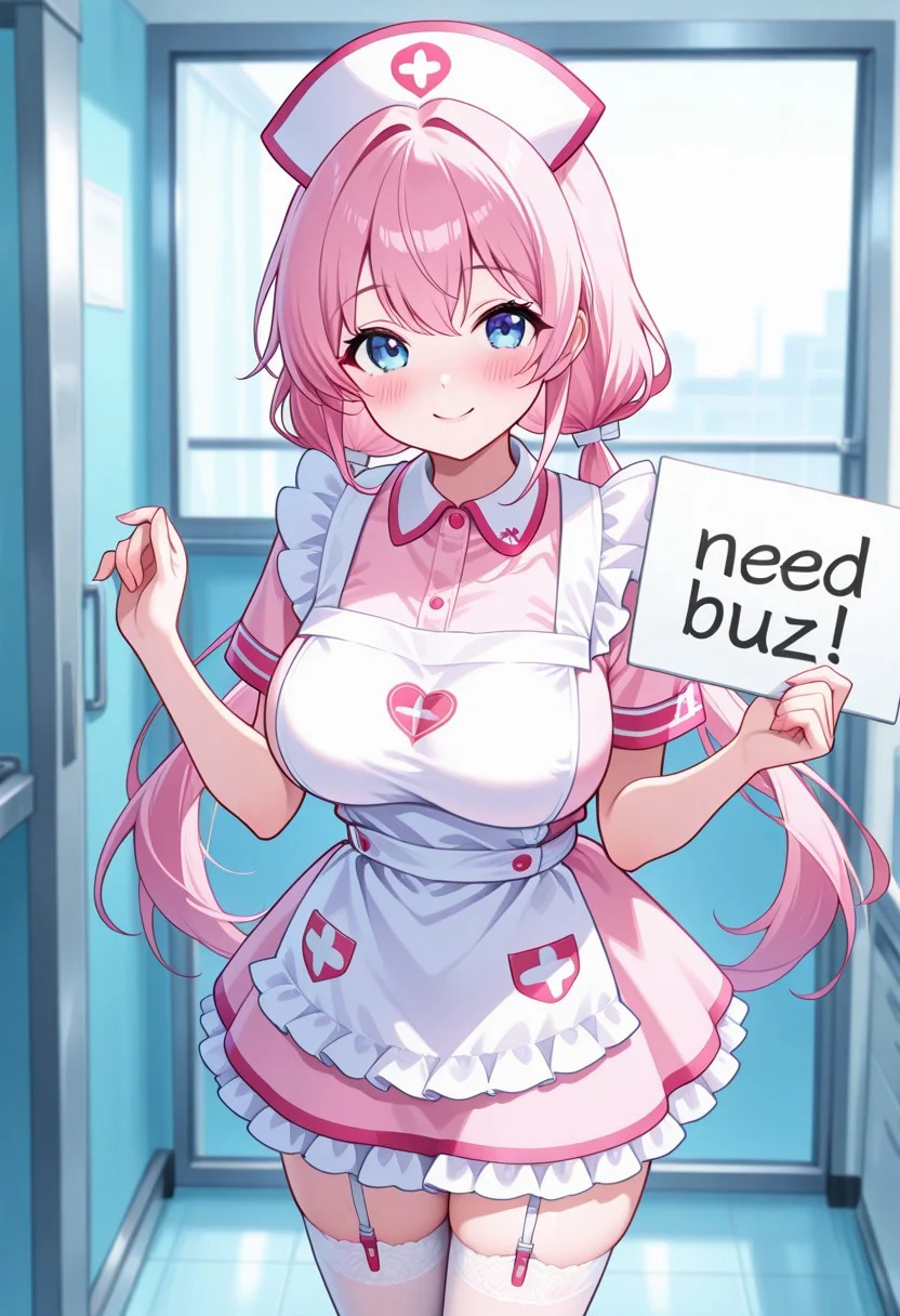 32k uhd, (masterpiece:1.2), (best quality:1.2), (very aesthetic:1.2), (absurdres:1.2), (detailed background),newest, 1girl, nurse cap, nurse dress, white apron, frilled dress, pink dress, pink shirt, pink skirt, white thighhigh, garter straps, garter belt, pink hair, low twintail ,long twintail, cowboy shot, no shoes, breast, blue eyes, hospital, standing, looking at viewer, blush, smile,,need_buzz, holding sign