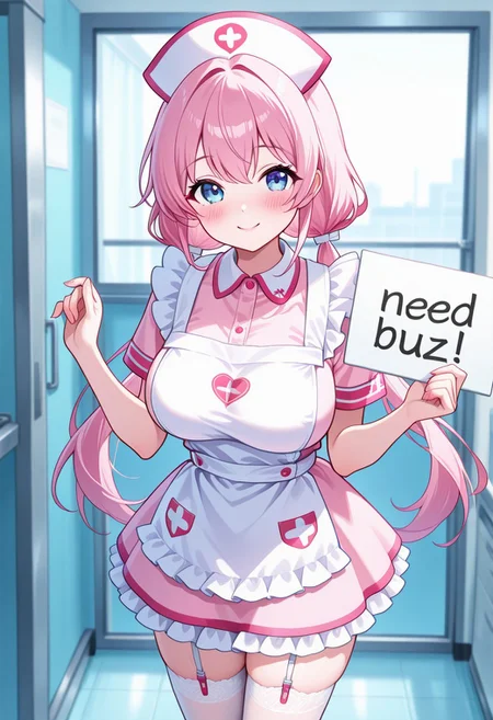 32k uhd, (masterpiece:1.2), (best quality:1.2), (very aesthetic:1.2), (absurdres:1.2), (detailed background),newest, 1girl, nurse cap, nurse dress, white apron, frilled dress, pink dress, pink shirt, pink skirt, white thighhigh, garter straps, garter belt, pink hair, low twintail ,long twintail, cowboy shot, no shoes, breast, blue eyes, hospital, standing, looking at viewer, blush, smile,,need_buzz, holding sign