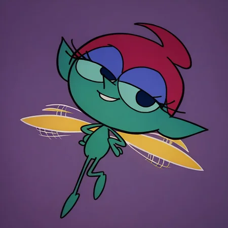 score_9, score_8_up, score_7_up BREAK PixieDLab, 1girl, magenta hair, dark blue eyes, green skin, green body, purple eyeshadow, yellow wings, smiling at viewer,